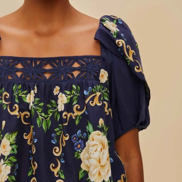 Farm Rio: Blue Flower Tapestry Yoke Blouse - Picture 5 of 6